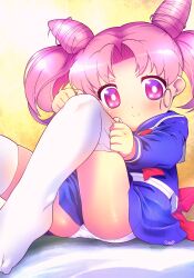 Rule 34 | &gt;:), 1girl, bishoujo senshi sailor moon, blue sailor collar, blue serafuku, blue shirt, blue skirt, bright pupils, chibi usa, closed mouth, cone hair bun, double bun, earrings, hair bun, highres, himehachi (hime8manga), jewelry, miniskirt, panties, pantyshot, pink eyes, pink hair, sailor collar, school uniform, serafuku, shirt, short hair, skirt, smile, solo, split mouth, thighhighs, thighhighs pull, twintails, underwear, v-shaped eyebrows, white panties, white pupils, white thighhighs
