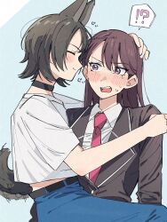 2girls adversarial_noise aged_down animal_ears bang_dream! bang_dream!_it&#039;s_mygo!!!!! black_choker black_hair black_jacket blue_pants carrying choker commentary diagonal-striped_clothes diagonal-striped_necktie hair_between_eyes haneoka_school_uniform highres jacket kemonomimi_mode long_hair mole mole_under_eye multiple_girls nanami_(nunnun_0410) necktie open_mouth pants purple_eyes purple_necktie school_uniform shiina_taki shirt short_hair short_sleeves striped_clothes sweatdrop tail tail_wagging white_shirt wolf_ears wolf_girl wolf_tail yahata_umiri yuri