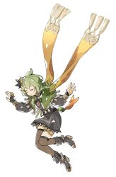1girl black_boots boots brown_thighhighs capelet closed_eyes collei_(genshin_impact) commentary full_body genshin_impact green_capelet green_hair hair_ornament high_heel_boots high_heels highres jewelry nanase_(nanataroo_7) outstretched_arms simple_background solo symbol-only_commentary tassel thighhighs thighlet vision_(genshin_impact) white_background