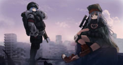 2girls absurdres assault_rifle black_footwear black_legwear blunt_bangs blush blush_stickers bullpup camouflage caseless_firearm cityscape commentary_request day g11_(girls&#039;_frontline) girls&#039;_frontline gloves goggles goggles_on_headwear green_eyes green_jacket grey_eyes grey_hair gun h&amp;k_g11 h&amp;k_hk416 hair_between_eyes hair_ornament hat helmet highres hk416_(fang)_(girls&#039;_frontline) hk416_(girls&#039;_frontline) jacket kilabo long_hair looking_at_viewer mask multiple_girls outdoors pantyhose parted_lips red_gloves respirator rifle shoes sitting sneakers snow_camouflage standing teardrop weapon winter_uniform