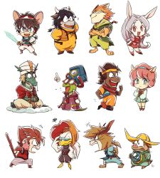 3girls 6+boys angry bakumaru bird blue_eyes bright_pupils brown_hair chibi chicken closed_eyes cloud cow cream_(eto_ranger) disembodied_hand dog drago_(eto_ranger) dragon energy_sword furry gaou_(eto_ranger) gem glasses green_eyes horse juuni_senshi_bakuretsu_eto_ranger long_hair monk_(eto_ranger) monkey mouse_(animal) multicolored_hair multiple_boys multiple_girls nyorori_(eto_ranger) orange_hair pakaracchi pig pochirou puffy_short_sleeves puffy_sleeves rabbit rayman_limbs red_eyes rooster running sheep short_sleeves shouting simple_background snake souffle_(eto_ranger) squiggle ssalbulre sword tart_(eto_ranger) tiger turban two-tone_hair urii_(eto_ranger) weapon white_background