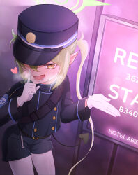 1girl absurdres blue_archive blush conductor gloves green_hair green_halo halo hat heart nozomi_(blue_archive) highres hotel leaning_forward long_hair looking_at_viewer one_eye_covered open_mouth pantyhose pointy_ears shirt shorts sign sleepnya smile solo standing tail tongue white_gloves white_pantyhose yellow_eyes