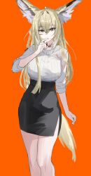 1girl absurdres ahoge animal_ears arknights black_skirt blonde_hair chinese_commentary commentary_request facial_scar feet_out_of_frame finger_to_mouth hair_between_eyes high-waist_skirt highres long_hair looking_at_viewer mikuning orange_background parted_lips pencil_skirt ribbed_shirt scar scar_on_cheek scar_on_face shirt side_slit simple_background sketch skirt sleeves_pushed_up solo standing tail vulpisfoglia_(arknights) white_shirt yellow_eyes