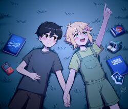 2boys absurdres aoiro_arts arm_up basil_(faraway)_(omori) basil_(omori) black_eyes black_hair blonde_hair blue_eyes blush book camera closed_mouth flower game_boy game_boy_(original) green_overalls green_shirt hair_flower hair_ornament handheld_game_console highres holding_hands index_finger_raised looking_at_another multiple_boys omori open_mouth overall_shorts overalls photo_(object) shirt short_hair short_sleeves smile sunny_(omori) teeth upper_teeth_only yaoi
