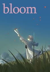 1girl absurdres atsuko_(blue_archive) blue_archive blue_halo blue_sky bouquet cloud coat commentary_request dress english_text flower from_side grass halo highres holding holding_bouquet hood kani_etizen03 outdoors petals pouch purple_hair sky solo white_coat white_dress