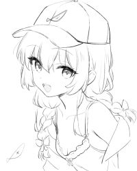 1girl baseball_cap bocchi_the_rock! braid breasts camisole cleavage commentary greyscale hat highres kita_ikuyo long_hair looking_at_viewer minusk9 monochrome open_mouth simple_background small_breasts solo teeth twin_braids upper_body upper_teeth_only white_background