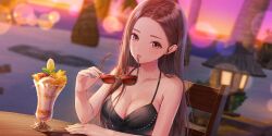 Rule 34 | 1girl, bikini, black bikini, blue reflection (series), blue reflection sun, breasts, brown eyes, brown hair, chair, cleavage, collarbone, evening, food, forehead, game cg, gradient sky, hand on table, hand up, highres, holding, holding removed eyewear, ikoma ayami, kishida mel, lantern, lens flare, long hair, looking at viewer, medium breasts, non-web source, official art, orange sky, outdoors, palm tree, parfait, purple sky, round table, sky, solo, spaghetti strap, straight hair, sunglasses, sunset, swimsuit, table, tree, unworn eyewear, wet, wooden chair, wooden table