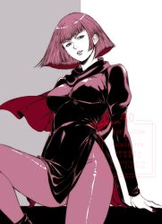 1girl artist_name black_dress breasts dress gundam gundam_zz haman_karn highres looking_at_viewer pink_hair red_nails short_hair siodam410 sketch smile solo thighs two-tone_background zeta_gundam