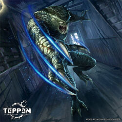 boarded_windows capcom claw_mark claws curtains horror_(theme) hunter_(resident_evil) light_particles monster monster_focus no_humans official_art open_mouth osanai_yusuke resident_evil sharp_teeth slit_pupils stairs teeth teppen tongue window yellow_eyes