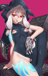 1girl :o arm_support asymmetrical_clothes bad_id bad_pixiv_id bar_censor bare_arms bare_shoulders black_bodysuit bodysuit censored chain_chronicle cleft_of_venus clothing_aside covered_navel cube female_focus flower gauntlets hair_flower hair_ornament hair_tie hood hood_up hooded_bodysuit knee_up long_hair looking_at_viewer nippleless_clothes nipples nt00 open_mouth pussy red_eyes shiny_skin sidelocks silver_hair single_gauntlet sitting skin_tight solo tattoo tsurime yuni_(chain_chronicle)