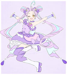 1girl ;d ahoge arms_up blue_bow blue_hair boots border bow breasts choker commentary_request cure_kyunkyun double_bun dress dress_bow earrings footwear_bow full_body hair_bow hair_bun hair_floating_upwards highres huge_ahoge idol_heart_brooch jewelry kazuma_muramasa kimi_to_idol_precure long_hair looking_at_viewer magical_girl multicolored_hair multiple_earrings one_eye_closed open_mouth orange_eyes outline plaid_bow precure purple_background purple_boots purple_bow purple_choker purple_dress purple_hair purple_wrist_cuffs shigure_kokoro small_breasts smile solo strapless strapless_dress streaked_hair teardrop_earrings thigh_boots twintails two-tone_hair very_long_hair white_border white_outline wrist_cuffs