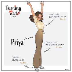 animification brown_hair character_name copyright_name dark-skinned_female dark_skin earrings glasses jewelry looking_at_viewer meecosme multiple_girls open_mouth pants priya_(turning_red) shirt shoes striped_clothes turning_red