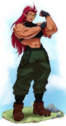 Rule 34 | 1girl, abs, absurdres, ali (sotcho), armlet, biceps, black tank top, blue sky, boots, brown boots, earrings, fang, feeling muscles, flexing, flower, grass, highres, horns, jewelry, long hair, looking at viewer, midriff, muscular, muscular female, open mouth, original, pants, pointy ears, ponytail, red hair, rock, rope, sky, smile, solo, sotcho, spiked hair, tank top, yellow eyes