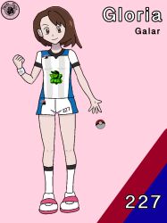 1girl absurdres arm_at_side brown_eyes brown_hair character_name child clenched_hand collared_shirt crease dynamax_band eyelashes facing_viewer fankifalu female_focus flat_chest full_body gloria_(pokemon) gym_challenge_uniform hand_up happy highres knees league_card legs looking_at_viewer matching_hair/eyes medium_hair neck nintendo poke_ball pokemon pokemon_swsh scan shirt shoes short_shorts shorts smile sneakers socks standing swept_bangs t-shirt thighs