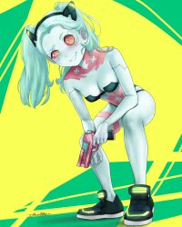 Rule 34 | 1girl, absurdres, aqua hair, artificial eye, bikini, black bikini, black shoes, breasts, colored sclera, colored skin, cyberpunk (series), cyberpunk edgerunners, dismaiden, green background, gun, headpiece, highres, holding, holding gun, holding weapon, leg tattoo, mechanical eye, mechanical hands, neck tattoo, pink tattoo, rebecca (cyberpunk), red pupils, red sclera, shoes, small breasts, solo, stomach tattoo, swimsuit, tattoo, twintails, weapon, white skin, yellow background