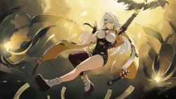 1girl absurdres arm_up asymmetrical_gloves bird black_bird black_feathers black_gloves black_shorts black_thighhighs boots breasts chinese_commentary closed_mouth commentary_request elbow_gloves feathers fingerless_gloves full_body gloves hair_ornament hand_up high-waist_shorts highres holding jacket large_breasts long_hair looking_at_viewer ofuda shirt shorts single_elbow_glove single_thighhigh solo thighhighs thighs uneven_gloves white_boots white_hair white_shirt xiangyu_xiangyu yellow_eyes yellow_jacket yixuan_(zenless_zone_zero) zenless_zone_zero