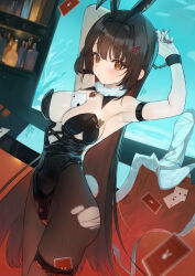 1girl animal_ears arm_strap armpits arms_up bare_shoulders between_breasts black_hair black_hairband black_leotard bound bound_wrists breast_cutout breasts brown_eyes brown_pantyhose card chain cleavage closed_mouth colored_inner_hair commentary_request cowboy_shot detached_collar fake_animal_ears fake_tail hairband highleg highleg_leotard hu_kotora jacket large_breasts leotard long_hair looking_at_viewer multicolored_hair nail_polish object_on_breast original pantyhose playboy_bunny playing_card rabbit_ears rabbit_tail skindentation solo standing strapless strapless_leotard tail thigh_strap thighs torn_clothes torn_pantyhose unworn_jacket very_long_hair wrist_cuffs