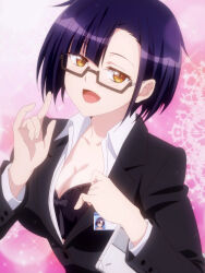 1girl black_bra blush bra breasts cleavage clothes_pull formal_clothes glasses half-closed_eyes highres large_breasts naughty_face nias_carlin office_lady orange_eyes ore_wa_seikan_kokka_no_akutoku_ryoushu! pulling_own_clothes purple_hair seductive_gaze seductive_smile short_hair smile solo stitched teasing third-party_edit underwear w