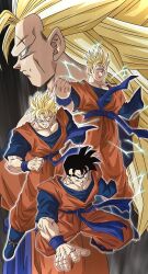 Rule 34 | 1boy, alternate universe, amputee, black eyes, black hair, blonde hair, blue undershirt, clenched hand, clenched teeth, daiki 11090, dragon ball, dragonball z, from behind, full body, green eyes, highres, long hair, looking at viewer, looking back, missing limb, multiple views, muscular, muscular male, no eyebrows, orange pants, orange shirt, pants, powering up, scar, scar on face, serious, shirt, short hair, short sleeves, sleeveless, sleeveless shirt, son gohan (future), spiked hair, super saiyan, super saiyan 1, super saiyan 2, super saiyan 3, teeth