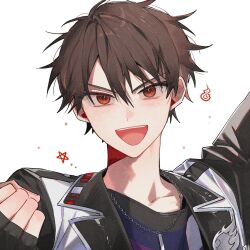 1boy anight brown_hair clenched_hand ensemble_stars! fingerless_gloves gloves hair_between_eyes jacket jewelry looking_at_viewer male_focus morisawa_chiaki necklace official_alternate_costume open_mouth red_eyes short_hair simple_background smile solo upper_body white_background