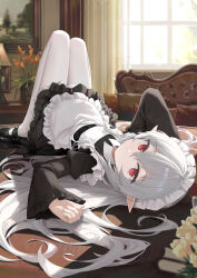 1girl absurdres couch grey_hair highres lying maid mary_janes on_back on_table original pantyhose pointy_ears red_eyes shoes solo table white_pantyhose ye_yemail