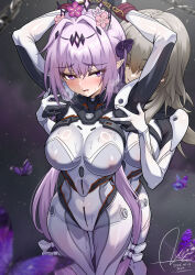 2girls absurdres alternate_costume arms_up artist_name blush bodysuit bow breasts bug butterfly castorice_(honkai:_star_rail) chain commentary_request cosplay covered_erect_nipples cuffs dasoin dated firefly_(ar-26710)_(honkai:_star_rail) firefly_(honkai:_star_rail) firefly_(honkai:_star_rail)_(cosplay) flower grabbing_from_behind grey_hair hair_bow hair_flower hair_ornament highres honkai:_star_rail honkai_(series) insect korean_commentary large_breasts long_hair mixed-language_commentary multiple_girls parted_lips pointy_ears purple_butterfly purple_eyes purple_hair restrained shackles signature stelle_(honkai:_star_rail) trailblazer_(honkai:_star_rail) very_long_hair white_bodysuit white_bow yellow_eyes yuri