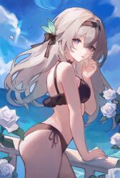 1girl absurdres bare_shoulders beach bikini black_bikini black_hairband blue_eyes blue_sky cowboy_shot eri11rie firefly_(honkai:_star_rail) flower grey_hair hair_ornament hairband highres honkai:_star_rail honkai_(series) long_hair looking_at_viewer parted_lips railing sky solo string_bikini swimsuit white_flower