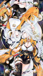 2girls asymmetrical_gloves black_gloves black_thighhighs boots bracelet breasts cleavage commentary_request elbow_gloves gloves half-leotard high-waist_shorts highres jewelry long_hair looking_at_another mole mole_on_breast mole_on_thigh mole_under_eye multiple_girls muto_(n0sug4r) parted_lips shorts siblings single_glove single_thighhigh sisters smile thigh_strap thighhighs uneven_gloves white_boots white_gloves white_hair yellow_eyes yi_jiang_(zenless_zone_zero) yi_xuan_(zenless_zone_zero) yin_yang zenless_zone_zero