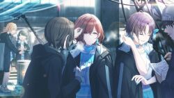Rule 34 | 4girls, asakura toru, black coat, brushing hair, camera, coat, earrings, fukumaru koito, hand warmer, high heels, highres, higuchi madoka, ichikawa hinana, idolmaster, idolmaster shiny colors, jewelry, multiple girls, noctchill (idolmaster), official art, winter