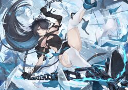 1girl black_dress black_gloves black_hair blue_eyes blue_hair breasts broken broken_chain chain clenched_teeth colored_inner_hair dress elbow_gloves floating_hair gloves hair_over_one_eye head_wings high_heels highres holding holding_chain large_breasts long_bangs long_hair looking_at_viewer midair multicolored_hair one_eye_covered original pantyhose parted_lips solo teeth thighhighs torn_clothes torn_dress torn_gloves torn_pantyhose torn_thighhighs two-tone_hair underboob very_long_hair weapon white_thighhighs wings yue_ying_jin_feng