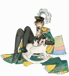 1girl black_boots black_hat black_jacket boots brown_hair cape from_side full_body green_cape green_eyes hat hat_feather highres jacket jo_jun military_hat mole mole_under_eye pants profile recoleta_(reverse:1999) reverse:1999 rocking_horse short_hair sitting solo thigh_boots white_background white_pants