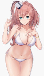 Rule 34 | 1girl, bikini, blue eyes, breasts, brown hair, cleavage, closed mouth, cowboy shot, highres, kantai collection, large breasts, looking at viewer, mesera, navel, ponytail, saratoga (kancolle), side ponytail, smile, solo, string bikini, swimsuit, white bikini
