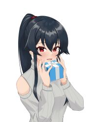 1girl absurdres alternate_costume bare_shoulders black_hair box clothing_cutout commentary_request gift gift_box grey_sweater highres kantai_collection klashikari long_hair ponytail red_eyes sidelocks simple_background smile solo sweater upper_body white_background white_day yahagi_(kancolle)