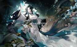 1girl absurdres bare_shoulders black_hair blue_corset blue_eyes blue_hair blue_lips blue_ribbon bonsai branch breasts bug butterfly check_commentary china_dress chinese_clothes chinese_commentary collared_dress colored_inner_hair commentary_request corset detached_sleeves dress eyelashes feet_out_of_frame floating_clothes frilled_dress frills high_collar highres insect large_breasts lipstick long_dress long_sleeves makeup mandarin_collar mountain multicolored_hair original papapapaqiang parted_bangs parted_lips ribbon sleeveless sleeveless_dress solo teeth two_side_up waist_ribbon watermark weibo_watermark white_dress white_sleeves wide_sleeves willow