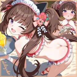 1girl :d :o ass back beach bikini blue_archive blush bracelet brown_hair butt_crack dot_nose fang frilled_bikini frills from_above highres holding holding_money holding_tray jewelry loli long_hair maid_headdress money multiple_views one_eye_closed open_mouth pina_colada purple_eyes shizuko_(blue_archive) shizuko_(swimsuit)_(blue_archive) signature skin_fang smile sweat swimsuit tokinin4 tray twintails