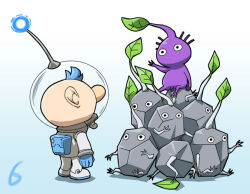 Rule 34 | 1boy, alph (pikmin), backpack, bag, big nose, black eyes, black skin, blue background, blue bag, blue gloves, blue hair, blue light, colored skin, commentary request, countdown, from behind, gloves, gradient background, helmet, leaf, looking at another, lying, naru (wish field), nintendo, no mouth, on stomach, outstretched arm, pikmin (creature), pikmin (series), pikmin 3, purple hair, purple pikmin, purple skin, radio antenna, rock, rock pikmin, shadow, short hair, simple background, sitting, space helmet, spacesuit, very short hair, whistle