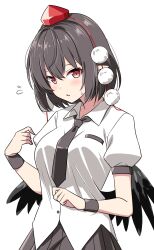 1girl bird_wings black_hair black_necktie black_wings hat highres looking_at_viewer necktie open_mouth red_eyes red_hat rise_(rise19851203) shameimaru_aya short_hair short_sleeves simple_background skirt solo tokin_hat touhou white_background wings