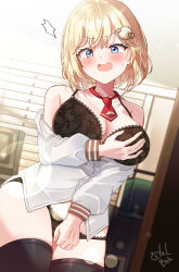 1girl absurdres black_bra black_panties black_thighhighs blonde_hair blue_eyes blurry blurry_background blush bob_cut bra breasts cleavage collarbone commentary commission covering_breasts covering_crotch covering_privates dress_shirt embarrassed english_commentary hair_ornament highres hololive hololive_english indoors lace lace-trimmed_bra lace-trimmed_panties lace_trim large_breasts looking_at_viewer medium_hair necktie no_pants off_shoulder open_mouth panties partially_unbuttoned red_necktie shirt short_necktie solo surprised sweatdrop thighhighs todalbok106 unbuttoned unbuttoned_shirt underwear v-shaped_eyebrows virtual_youtuber watson_amelia watson_amelia_(1st_costume) wavy_mouth white_shirt