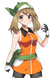 1girl absurdres alternate_eye_color bandana bike_shorts black_shorts breasts brown_hair collared_shirt fanny_pack gloves green_bag green_bandana highres holding holding_poke_ball large_breasts long_shirt looking_at_viewer may_(pokemon) nintendo poke_ball pokemon pokemon_emerald pokemon_rse premier_ball red_shirt shirt short_hair shorts sleeveless sleeveless_shirt smile white_gloves yellow_eyes yuihico