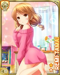 1girl :o bare_legs barefoot bedroom bottomless brown_eyes brown_hair card_(medium) day girlfriend_(kari) indoors looking_at_viewer low_twintails official_art open_mouth pink_sweater qp:flapper solo standing standing_on_one_leg sweater tagme tamai_remi twintails
