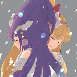 Rule 34 | 2girls, asahina mirai, ayatori (sensei heroism), blonde hair, cure magical, cure miracle, closed eyes, hat, hug, izayoi liko, long hair, magical girl, mahou girls precure!, mini hat, mini witch hat, multiple girls, precure, purple hair, riko (mahou girls precure!), witch hat