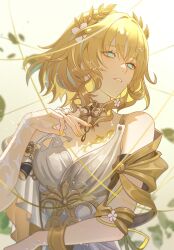 1girl aglaea_(honkai:_star_rail) ancient_greek_clothes blonde_hair breast_tattoo breasts cleavage dress greco-roman_clothes green_eyes hashtag-only_commentary highres honkai:_star_rail honkai_(series) large_breasts laurel_crown ochiba_34 parted_lips short_hair solo tattoo thread upper_body white_dress yellow_nails