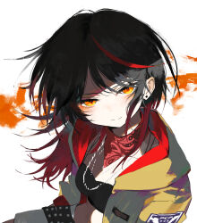 1girl absurdres black_bra black_hair bra highres jacket looking_at_viewer multicolored_hair neckerchief open_clothes open_jacket orange_eyes original red_hair red_neckerchief solo streaked_hair tekito_midori underwear upper_body white_background