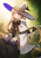 1girl absurdres aesc_(fate) aesc_(rain_witch)_(fate) black_dress blonde_hair book bow bowtie braid breasts brooch cloak dress fate/grand_order fate_(series) gold_trim green_eyes grin hat highres jewelry log long_hair long_sleeves looking_at_viewer pen_guinnn_dess ponytail sitting smile solo two-tone_dress white_cloak white_dress white_hat wide_sleeves witch_hat