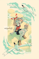 1girl :d artist_name beach bike_shorts bike_shorts_under_shorts black_shorts blue_eyes bow bow_hairband brown_hair full_body gen_3_pokemon hair_bow hairband highres may_(pokemon) miyaulait nintendo on_ground open_mouth pokemon pokemon_(creature) pokemon_oras red_bow red_hairband red_shirt sand shirt shorts sleeveless sleeveless_shirt smile torchic water white_shorts wingull