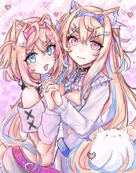 2girls :3 akari_(akariimia) animal_collar animal_ear_fluff animal_ears bandaid bandaid_hair_ornament bare_shoulders belt black_collar blonde_hair blue_belt blue_dress blue_hair blue_hairband buckle cat_ears cleavage_cutout closed_mouth clothing_cutout collar collared_dress cowboy_shot crop_top cross-laced_clothes cross-laced_sleeves diamond_cutout dot_nose dress eyelashes frilled_dress frilled_skirt frilled_sleeves frills fuwawa_abyssgard hair_between_eyes hair_ornament hairband hairclip happy heart heart_background highres holding_hands hololive hololive_english horn_hairband interlocked_fingers light_blush long_hair long_sleeves looking_at_viewer microskirt midriff mococo_abyssgard multicolored_hair multiple_girls navel off-shoulder_shirt off_shoulder open_mouth pink_background pink_belt pink_eyes pink_hair pink_hairband purple_arm_warmers purple_shirt purple_skirt shirt short_hair short_sleeves siblings sisters skirt skirt_set smile spiked_collar spikes standing stomach_cutout streaked_hair studded_belt twins very_long_hair virtual_youtuber x_hair_ornament