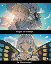 1boy 1girl aesc_(fate) aesc_(rain_witch)_(fate) artist_request blonde_hair blue_eyes blush butterfly_wings commission fate/grand_order fate_(series) glasses hair_between_eyes hat highres insect_wings long_hair looking_at_viewer oberon_(fate) oberon_(first_ascension)_(fate) second-party_source short_hair smile wings witch_hat