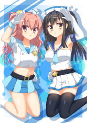 2girls :o alternate_costume aqua_sailor_collar bare_shoulders belt black_belt black_hair black_thighhighs blue_background blue_sailor_collar blue_skirt blunt_ends blush border breasts buttons collarbone commentary_request cropped_shirt crossed_bangs double-breasted drop_shadow elbow_gloves eyes_visible_through_hair feet_out_of_frame fuyukichi_(nikoniko1567) gloves hair_between_eyes hair_ornament hairclip hand_on_own_hip hand_up hat highres inaba_meguru kneeling large_breasts long_hair looking_at_viewer midriff mini_hat miniskirt multiple_girls navel one_side_up open_mouth orange_hair outside_border parallel_hairclips pleated_skirt sailor_collar sailor_hat salute sanoba_witch shirt short_sleeves side-by-side sidelocks simple_background skindentation skirt small_breasts socks star-shaped_buckle star_(symbol) star_hair_ornament straight_hair strapless strapless_shirt thighhighs thighs togakushi_touko two_side_up wavy_hair white_border white_gloves white_shirt white_skirt white_socks witch_hat zettai_ryouiki