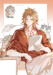 ! 2boys absurdres alternate_costume animal_ears antenna_hair arm_rest blonde_hair blue_eyes blue_pants braid chest_tattoo chibi chimera_(honkai:_star_rail) chinese_commentary commentary_request creature creature_on_shoulder dog_boy dog_ears dog_tail facial_tattoo gradient_hair hair_between_eyes highres honkai:_star_rail honkai_(series) hood hoodie iron_hailai looking_at_viewer male_focus medium_hair multicolored_hair multiple_boys mydei_(honkai:_star_rail) on_shoulder pants phainon_(honkai:_star_rail) red_hair red_shirt red_tattoo shirt short_hair side_braid tail tattoo white_hair white_hoodie yellow_eyes