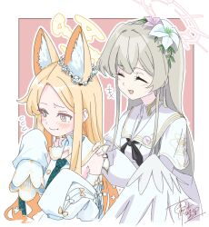 Rule 34 | 2girls, :d, angel wings, animal ear fluff, animal ears, black neckerchief, blonde hair, blue archive, blush, border, breasts, capelet, closed eyes, closed mouth, commentary request, cross halo, detached sleeves, dress, ear wreath, extra ears, feathered wings, flower, flower wreath, forehead, fox ears, fox girl, gradient eyes, grey hair, hair flower, hair ornament, halo, hand on another&#039;s shoulder, highres, long hair, long sleeves, low wings, minami linli, multicolored eyes, multiple girls, nagisa (blue archive), neckerchief, open mouth, outline, pink background, pink halo, seia (blue archive), signature, simple background, sleeve bow, sleeves past fingers, sleeves past wrists, smile, upper body, wavy mouth, white border, white capelet, white dress, white outline, white wings, wings, yellow eyes, yellow halo
